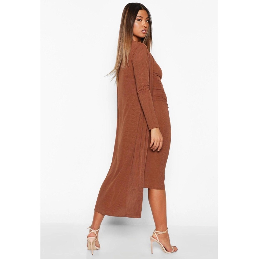 Boohoo Chocolate Ribbed Sleeveless Midi Dress and Duster Matching Set - Picture 2 of 15